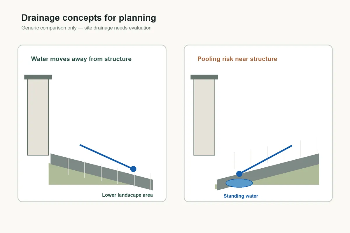Two-panel diagram: on the left a paved surface slopes down away from a building so water runs to a lower landscape area; on the right the surface slopes toward the building and water pools beside it