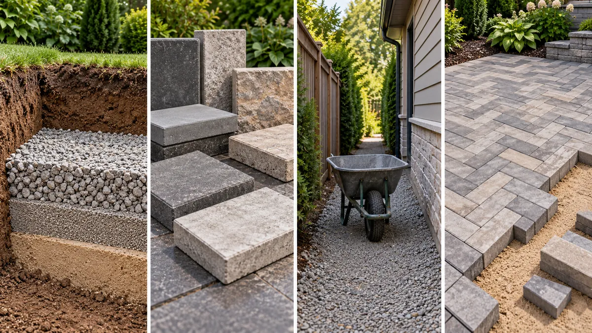 Four illustrative patio planning factors: an excavated base cross-section, paver materials, a narrow side-yard access path and a laying pattern