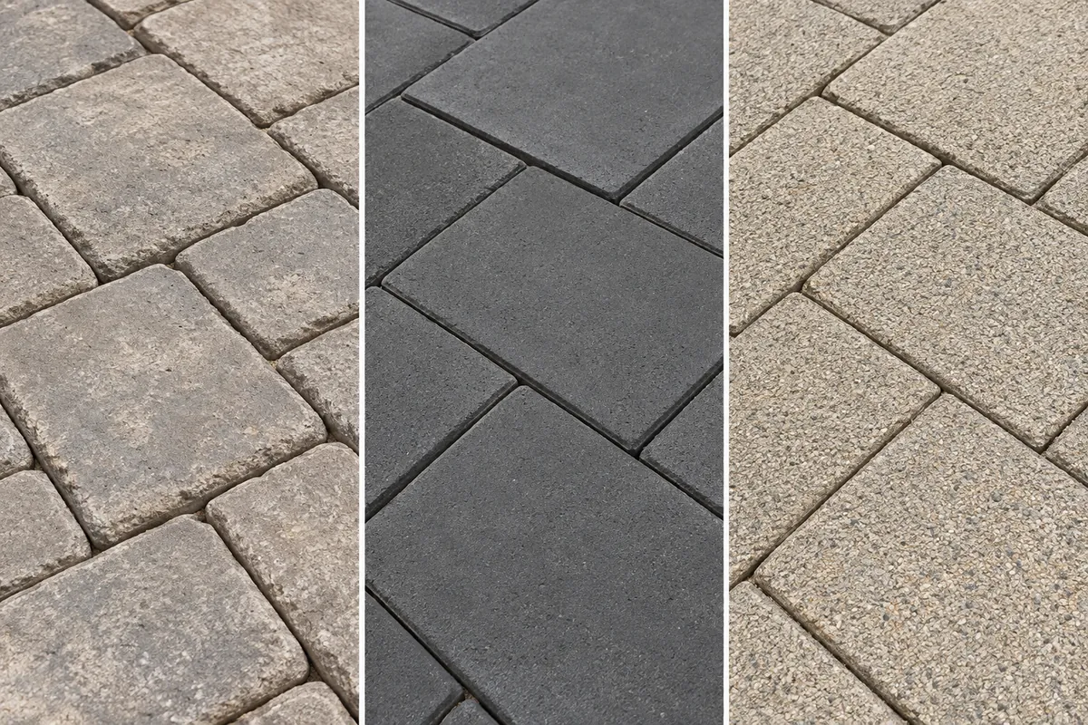 Three illustrative concrete paver surface finishes side by side: tumbled, smooth dark charcoal and fine-textured light gray