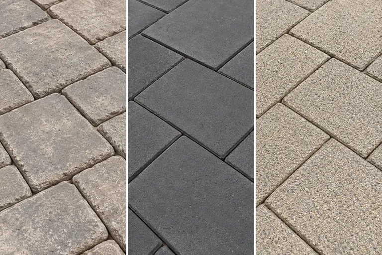 Three illustrative concrete paver surface finishes side by side: tumbled, smooth dark charcoal and fine-textured light gray