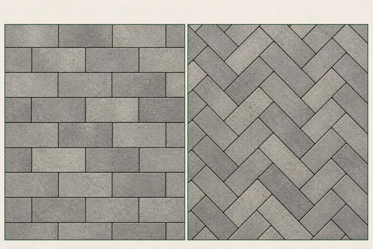 Top-down illustrations comparing a running-bond paver pattern on the left with a herringbone pattern on the right