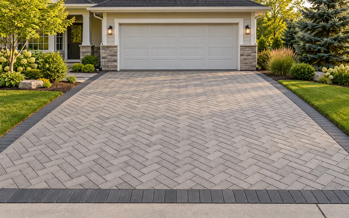 Concept view of a concrete paver driveway laid in a herringbone pattern with a charcoal soldier-course border, leading from the street to a two-car garage