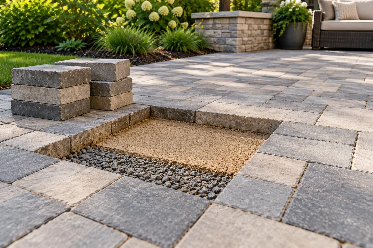 Concept view of a paver patio repair: a few pavers lifted and stacked beside an open patch of bedding sand over compacted aggregate, with the surrounding pavers intact