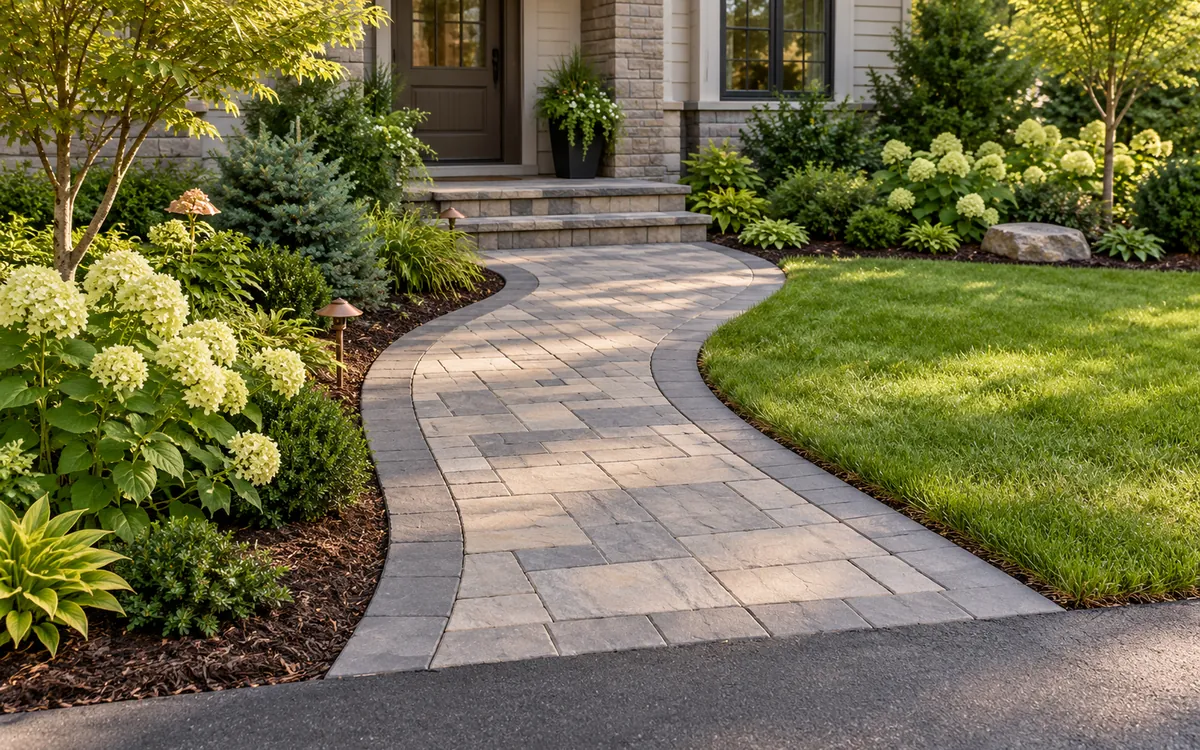 Concept view of a gray concrete paver walkway with a charcoal border curving from the driveway to low front steps, edged by lawn and planting beds