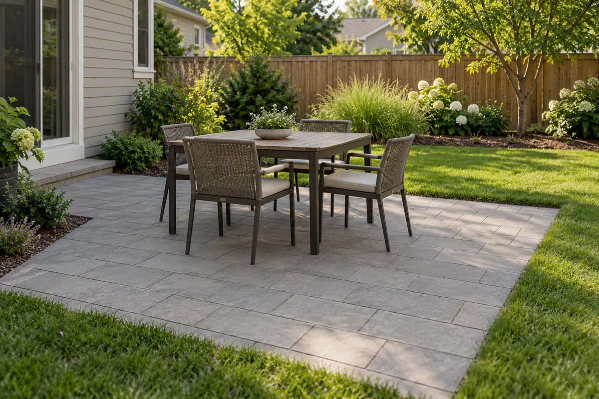 Concept illustration of a compact rectangular paver patio arranged for outdoor dining