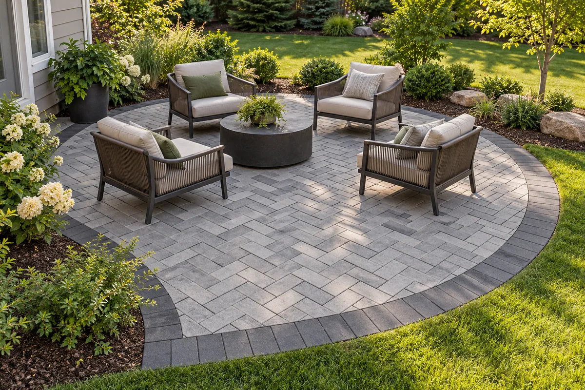 Concept patio layout with a curved paver edge, contrasting border and a seating zone