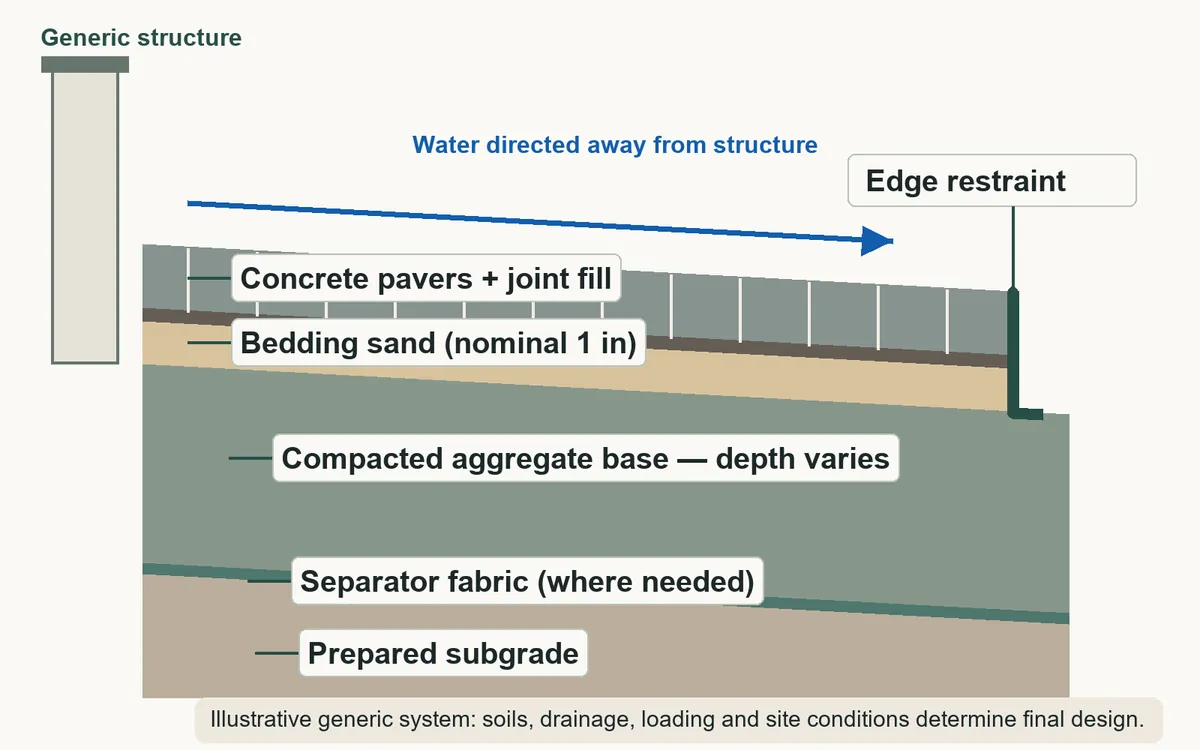 Cutaway diagram beside a building wall: concrete pavers with joint fill on top, then bedding sand, a compacted aggregate base, separator fabric where needed and prepared subgrade. An edge restraint at the outer paver edge sits on the base, which extends past it. The surface falls away from the wall and an arrow shows water directed away from the structure.