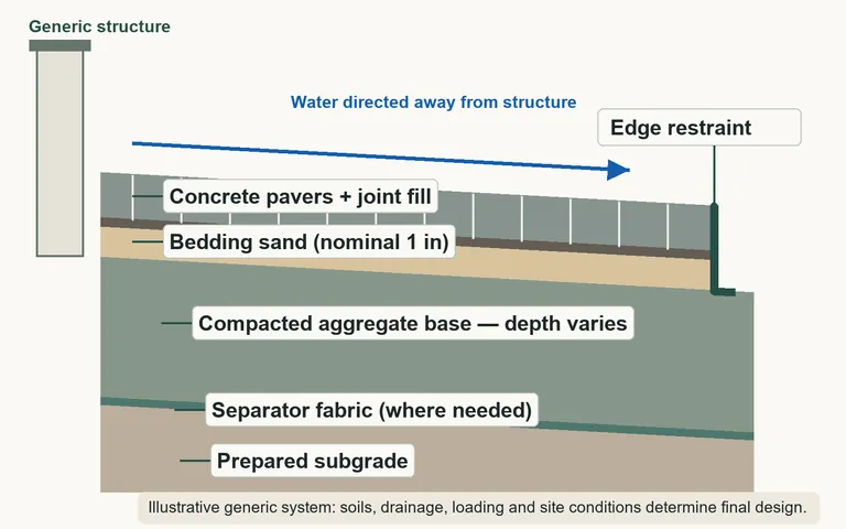 Cutaway diagram beside a building wall: concrete pavers with joint fill on top, then bedding sand, a compacted aggregate base, separator fabric where needed and prepared subgrade. An edge restraint at the outer paver edge sits on the base, which extends past it. The surface falls away from the wall and an arrow shows water directed away from the structure.