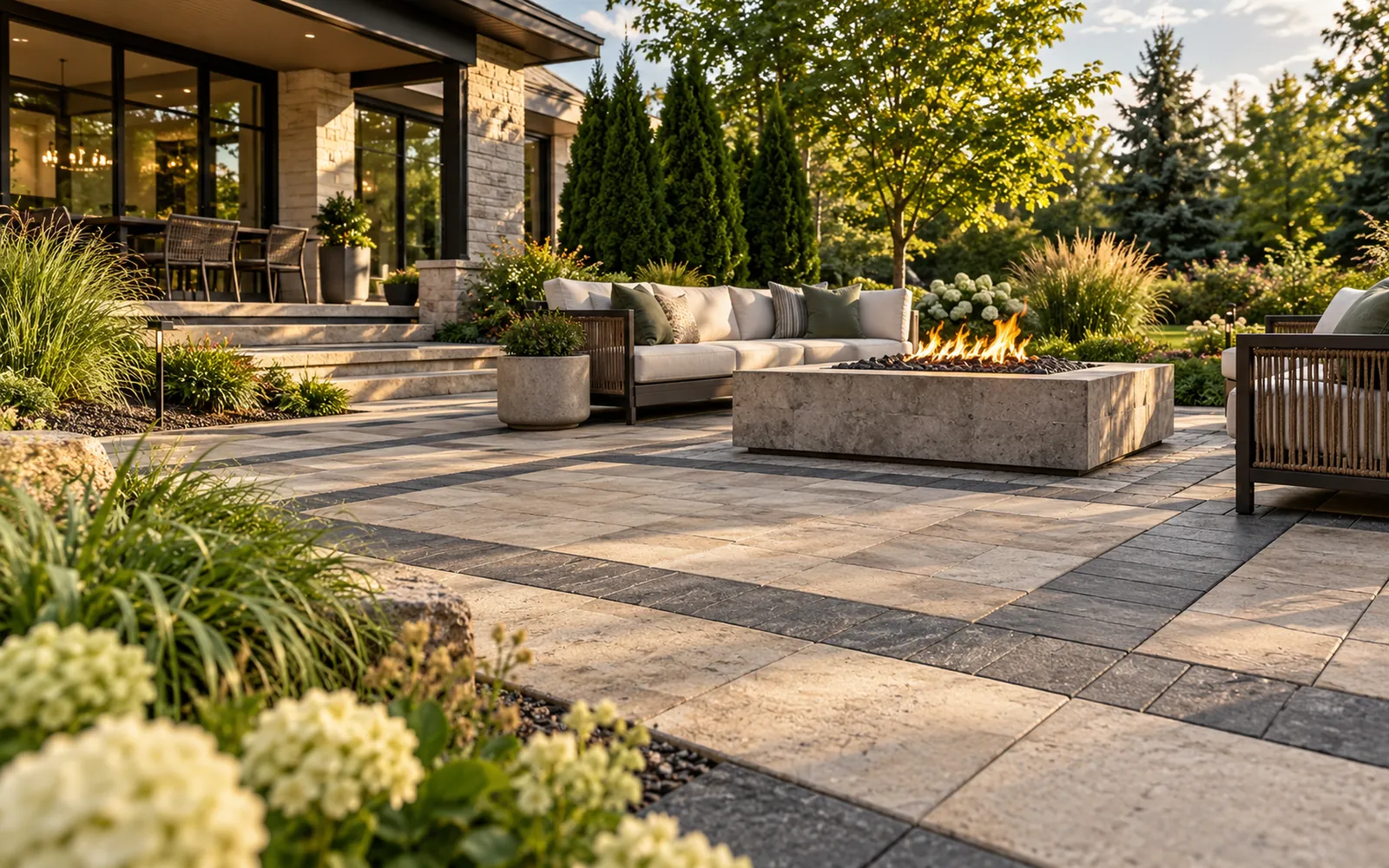 Concept view of a residential patio in limestone and charcoal concrete pavers with a charcoal border, a low fire feature, lounge seating and evergreen planting beside a contemporary home