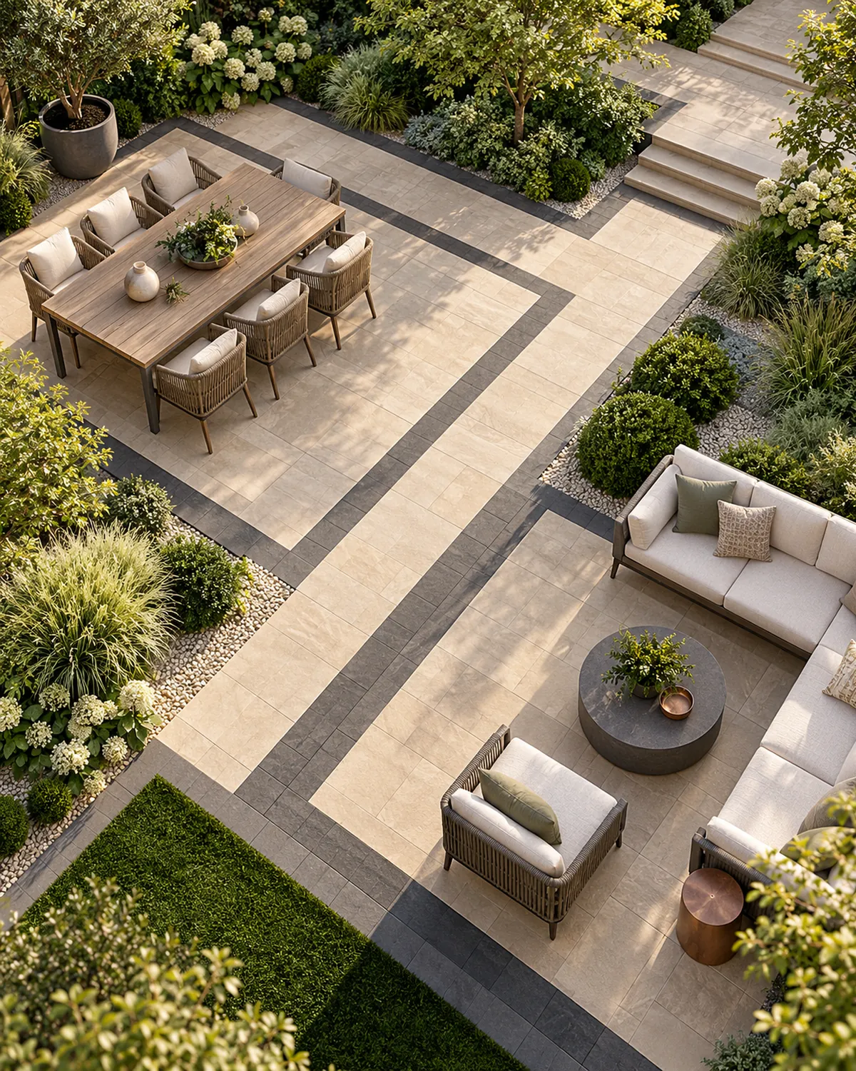 Bird's-eye concept of a paver patio with a dining zone and a lounge zone, each framed by a charcoal border and joined by a paved path and steps
